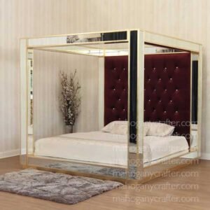 Mirrored Canopy Bed With Button Tufted Velvet Upholstery King Size