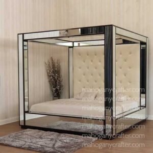 Mirrored Canopy Bed With Button Tufted Velvet Upholstery - Higher Platform King Size