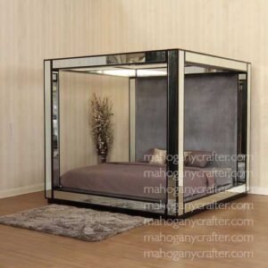 Mirrored Canopy Bed With Plain Velvet Upholstery King Size